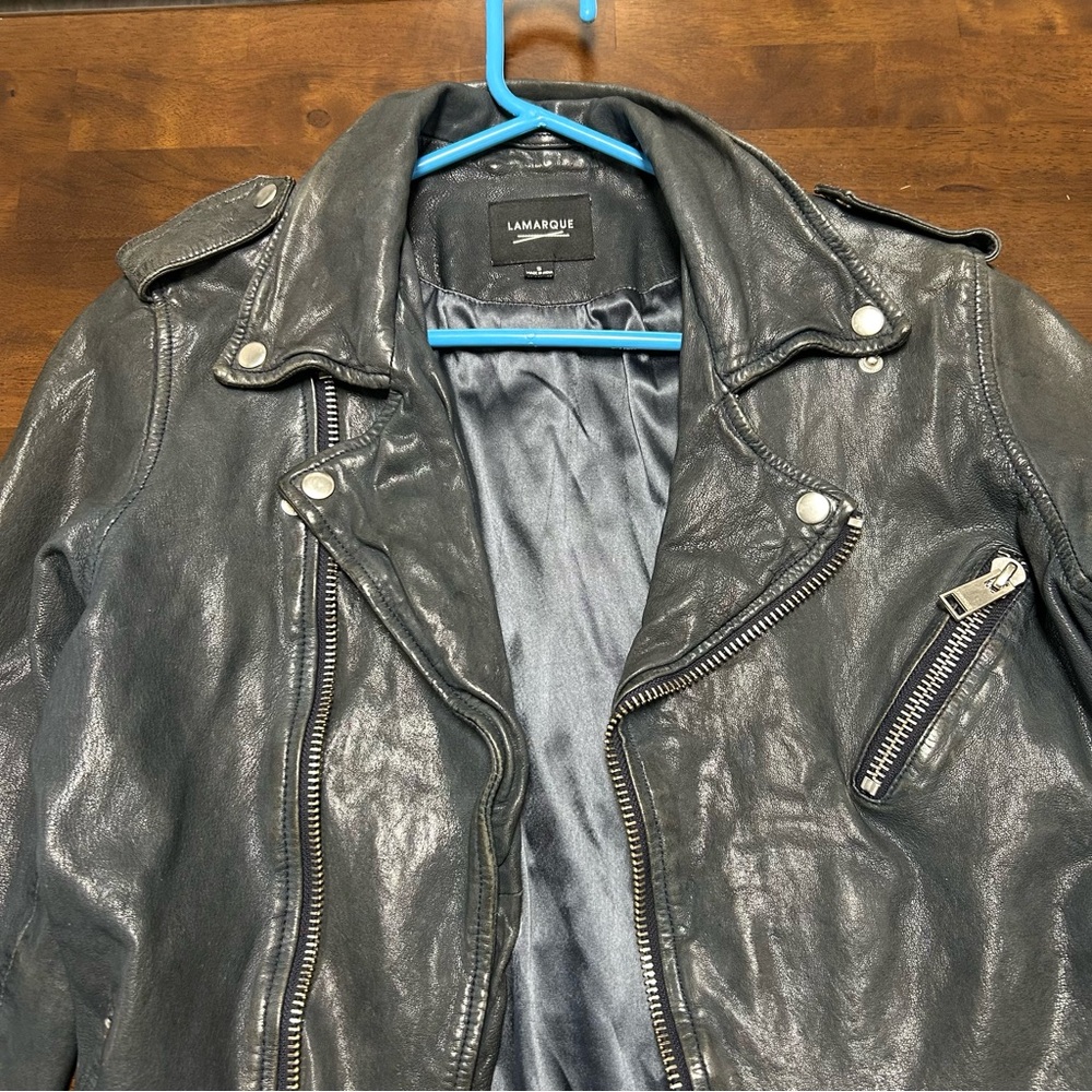 Lamarque Megumi Leather Moto Jacket in Dark Navy Blue Size Small - Picture 3 of 16